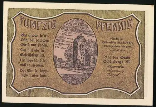 Notgeld Schönberg i. M. 1922, 50 Pfennig, Stadtpanorama, Strassenansicht mit Turm