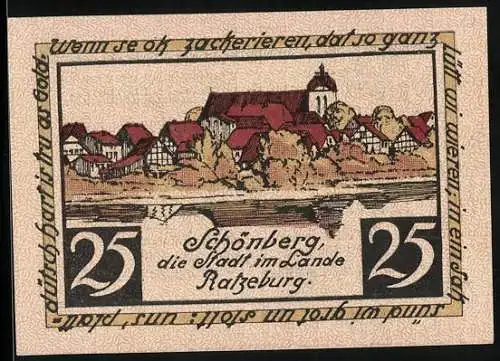 Notgeld Schönberg i. M. 1923, 25 Pfennig, Stadtansicht mit Kirche