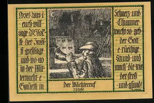 Notgeld Schopfheim 1921, 50 Pfennig, Portrait Frau in Tracht, Wappen, der Wächterruf