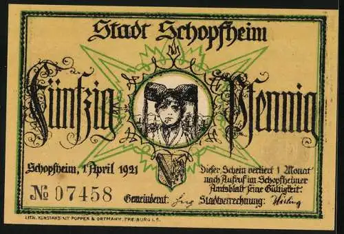 Notgeld Schopfheim 1921, 50 Pfennig, Portrait Frau in Tracht, Wappen, der Wächterruf