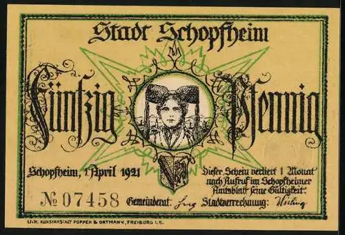 Notgeld Schopfheim 1921, 50 Pfennig, Portrait Frau in Tracht, Wappen, Hans und Verene