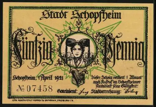 Notgeld Schopfheim 1921, 50 Pfennig, Portrait Frau in Tracht, Wappen, das Habermuss