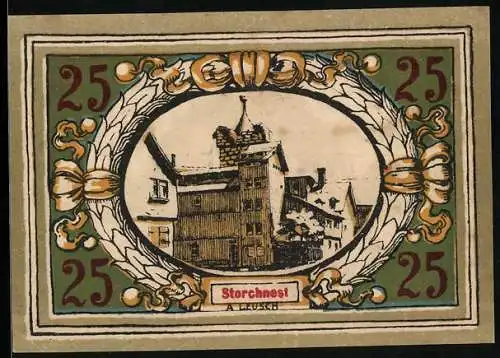 Notgeld Langensalza 1921, 25 Pfennig, Wappen, Storchnest