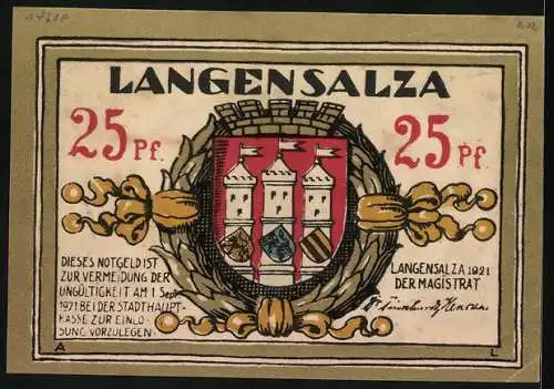 Notgeld Langensalza 1921, 25 Pfennig, Wappen, Storchnest