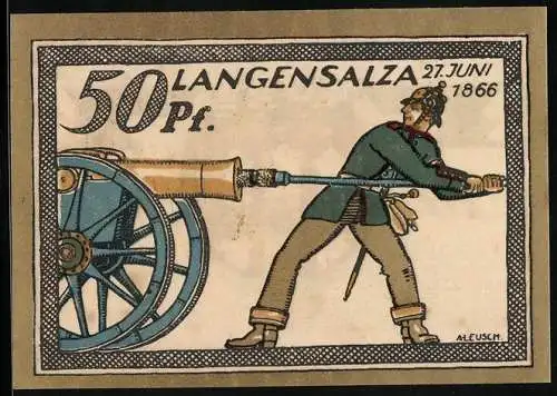 Notgeld Langensalza 1921, 50 Pfennig, Wappen, Soldat am 1866
