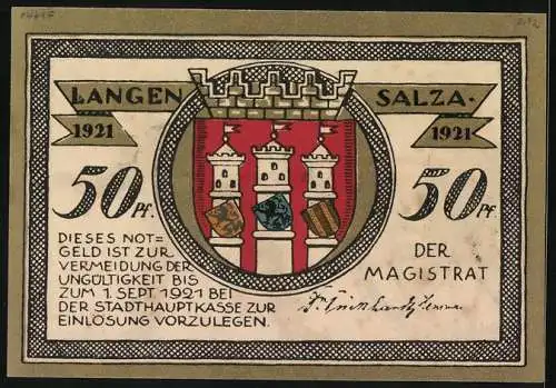 Notgeld Langensalza 1921, 50 Pfennig, Wappen, Soldat am 1866