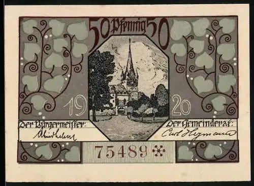 Notgeld Oberlind S.-M. 1920, 50 Pfennig, Blick zur Kirche, Bauer und Schmied
