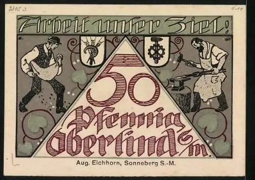 Notgeld Oberlind S.-M. 1920, 50 Pfennig, Blick zur Kirche, Bauer und Schmied