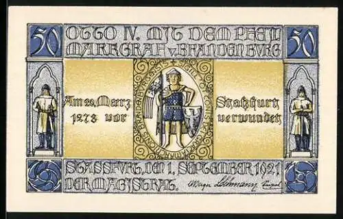 Notgeld Stassfurt 1921, 50 Pfennig, Otto IV. mit dem Pfeil
