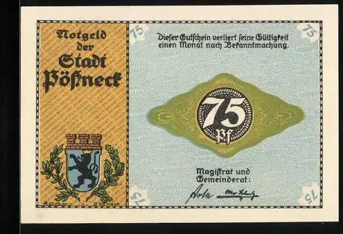 Notgeld Pössneck, 75 Pfennig, Frau am Webstuhl