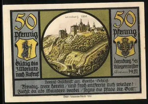 Notgeld Dornburg a. d. Saale 1921, 50 Pfennig, Goethe mit Christiane und August