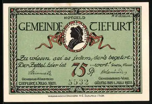 Notgeld Tiefurt 1921, 75 Pfennig, Das Wielanddenkmal