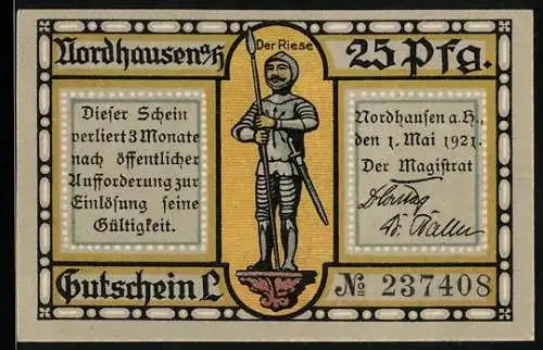 Notgeld Nordhausen a. H. 1921, 25 Pfennig, Alte Stadtbefestigung am Primariusgraben