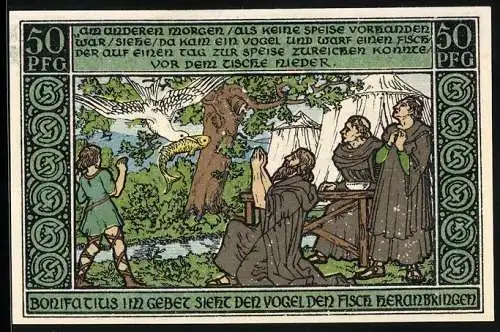 Notgeld Ohrdruf 1921, 50 Pfennig, Bonifatius sieht den Vogel den Fisch herbeibringen