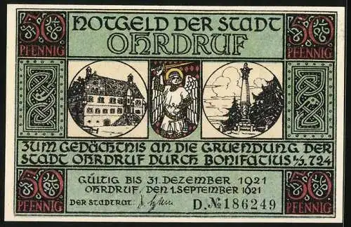 Notgeld Ohrdruf 1921, 50 Pfennig, Bonifatius sieht den Vogel den Fisch herbeibringen
