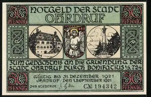 Notgeld Ohrdruf 1921, 50 Pfennig, St. Michael erscheint dem Bonifatius im Traum