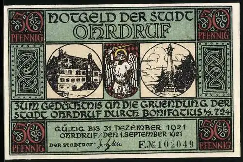 Notgeld Ohrdruf 1921, 50 Pfennig, Ortsansicht mit dem Thüringischen Candelaber, 1813