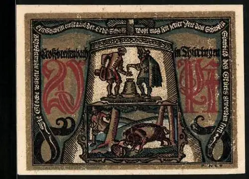 Notgeld Grossbreitenbach in Thüringen 1921, 20 Pfennig, Glocke mit Waldszene darauf