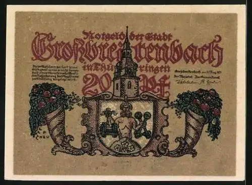 Notgeld Grossbreitenbach in Thüringen 1921, 20 Pfennig, Glocke mit Waldszene darauf