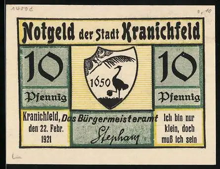 Notgeld Kranichfeld 1921, 10 Pfennig, Niederburg (Weimarisches Schloss)