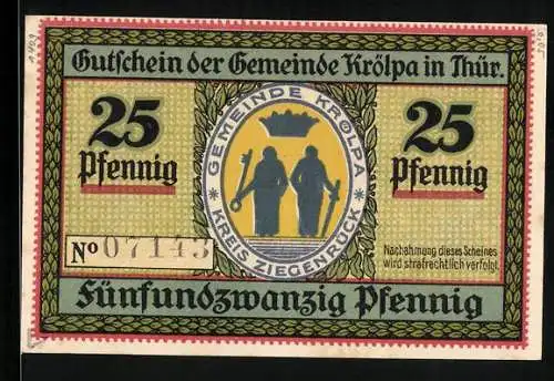 Notgeld Krölpa in Thür. 1921, 25 Pfennig, Hauseingang zwischen blühenden Bäumen