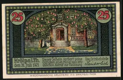 Notgeld Krölpa in Thür. 1921, 25 Pfennig, Hauseingang zwischen blühenden Bäumen