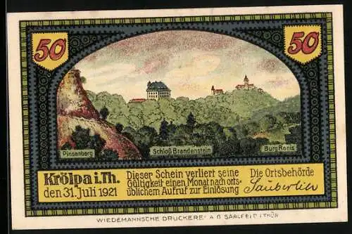 Notgeld Krölpa in Thür. 1921, 50 Pfennig, Pinsenberg, Schloss Brandenstein, Burg Ranis