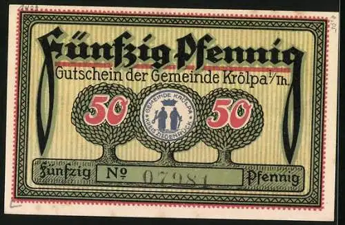 Notgeld Krölpa in Thür. 1921, 50 Pfennig, Pinsenberg, Schloss Brandenstein, Burg Ranis