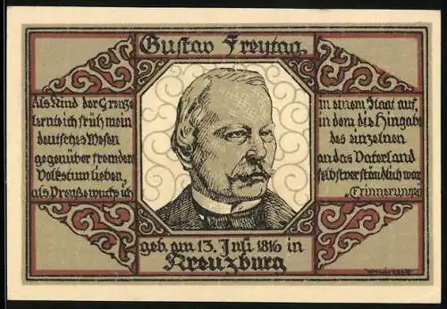 Notgeld Kreuzburg in Oberschlesien, 1 Mark, Gustav Freytag, geboren in der Stadt 1816