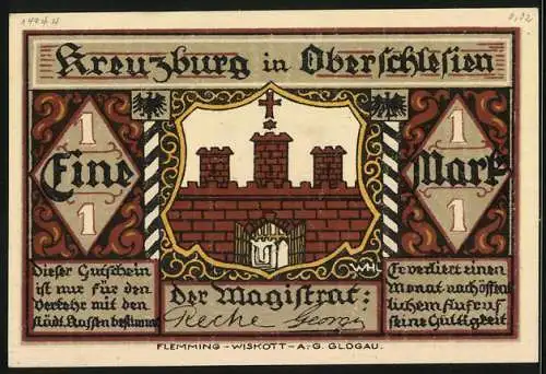 Notgeld Kreuzburg in Oberschlesien, 1 Mark, Gustav Freytag, geboren in der Stadt 1816
