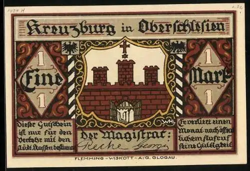 Notgeld Kreuzburg in Oberschlesien, 1 Mark, Die Kreuzherren vom roten Stern gründen die Kreuzburg im 13. Jhdt.