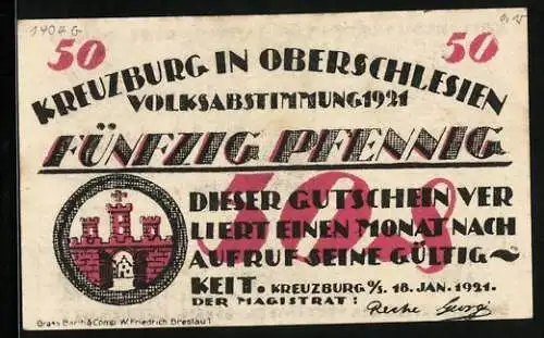 Notgeld Kreuzburg in Oberschlesien 1921, 50 Pfennig, Kreuzherr vom Roten Stern