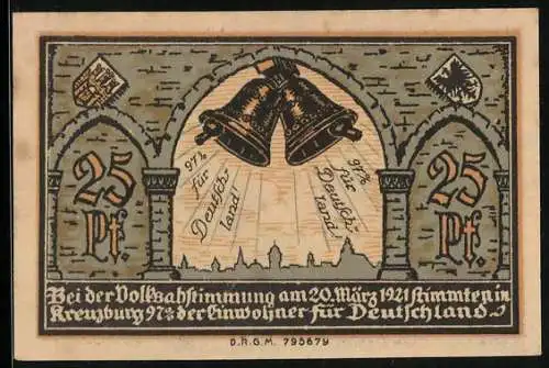 Notgeld Kreuzburg in Oberschlesien 1921, 25 Pfennig, 97% der Einwohner stimmen für Deutschland