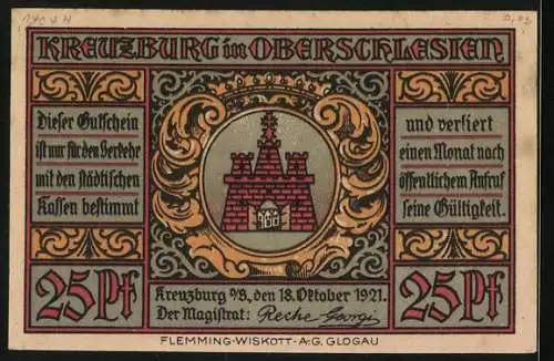 Notgeld Kreuzburg in Oberschlesien 1921, 25 Pfennig, 97% der Einwohner stimmen für Deutschland