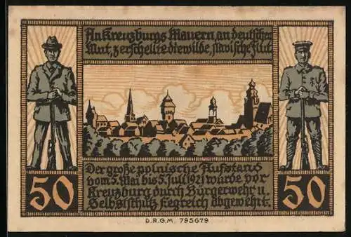 Notgeld Kreuzburg in Oberschlesien 1921, 50 Pfennig, Ortsansicht über Bäume