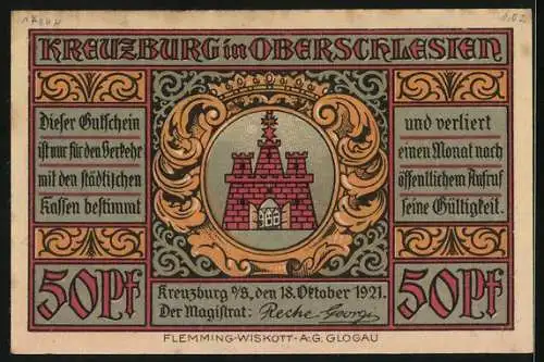 Notgeld Kreuzburg in Oberschlesien 1921, 50 Pfennig, Ortsansicht über Bäume