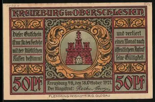 Notgeld Kreuzburg in Oberschlesien 1921, 50 Pfennig, Bauer und Schmied vor der Stadt