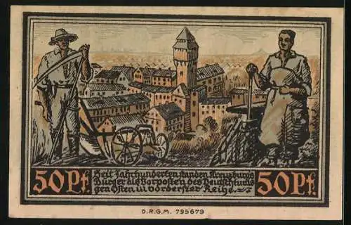 Notgeld Kreuzburg in Oberschlesien 1921, 50 Pfennig, Bauer und Schmied vor der Stadt