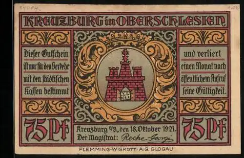Notgeld Kreuzburg in Oberschlesien 1921, 75 Pfennig, Gustav Freytag, sein Geburtshaus und die evangelische Kirche