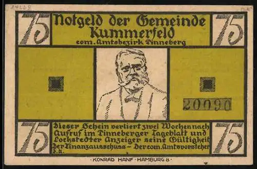 Notgeld Kummerfeld, 75 Pfennig, Blick aufs Fenster