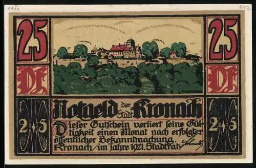 Notgeld Kronach 1921, 25 Pfennig, Ortsansicht mit der Festung