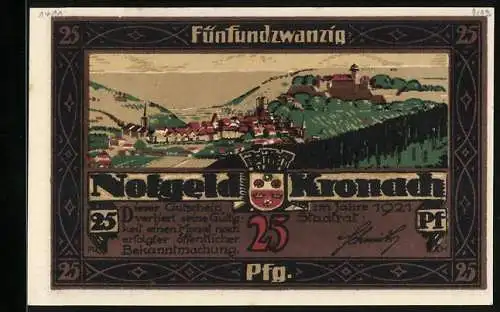 Notgeld Kronach 1921, 25 Pfennig, Gesamtansicht mit der Festung