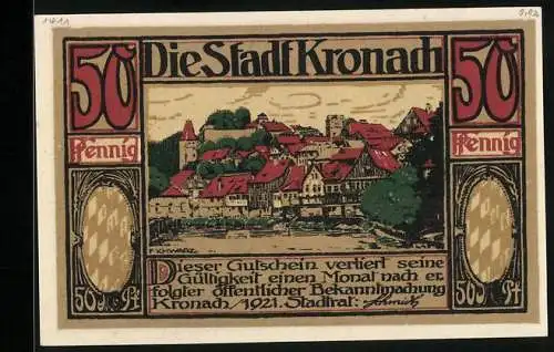 Notgeld Kronach 1921, 50 Pfennig, Ortsansicht am Wasser