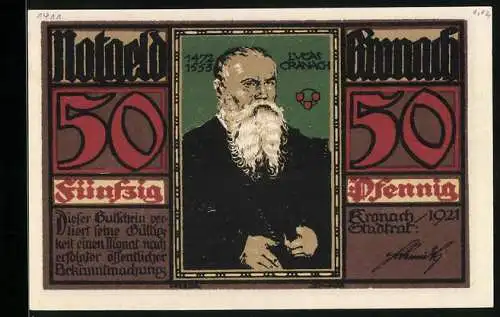 Notgeld Kronach 1921, 50 Pfennig, Portrait von Lucas Cranach