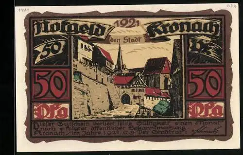 Notgeld Kronach 1921, 50 Pfennig, Ortspartie mit Blick zu einem Tor