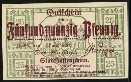 Notgeld Kyritz 1920, 25 Pfennig, Eckgebäude