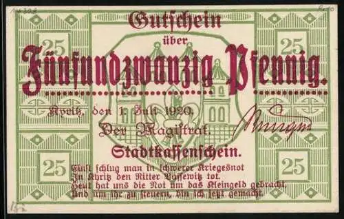 Notgeld Kyritz 1920, 25 Pfennig, Ein Eckgebäude