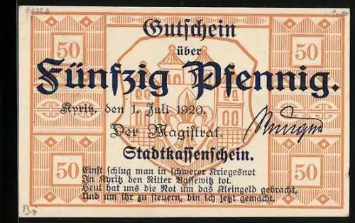 Notgeld Kyritz 1920, 50 Pfennig, Ein Eckgebäude