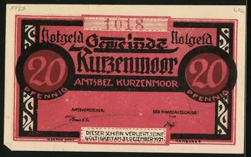 Notgeld Kurzenmoor, 20 Pfennig, Zwei Boxer
