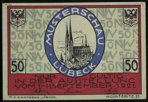 Notgeld Lübeck 1921, 50 Pfennig, Musterschau bei der Nordischen Woche, Der Dom